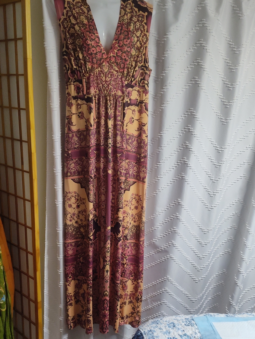 ONE WORLD Burgundy and Mustard V‑Neck Boho Maxi Dress
